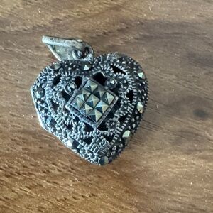 Vintage Sterling Silver Heart Locket Pendant Marcasite Art Deco Style